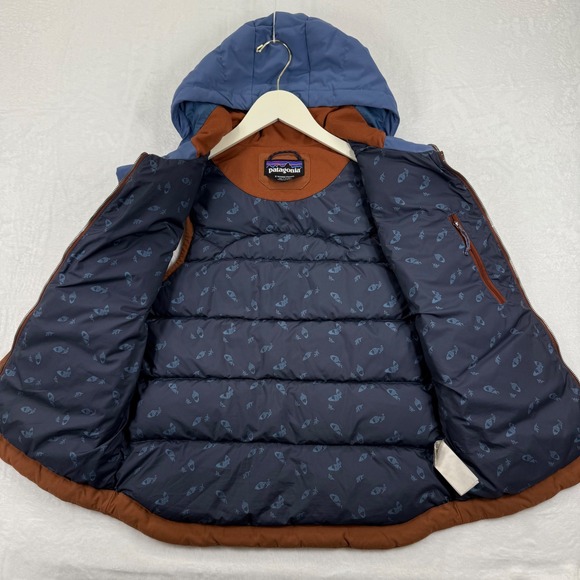 Patagonia Womens Bivvy Down Vest Hooded Puffer Brown‎ Blue Snap Front Sz S READ - Picture 7 of 15